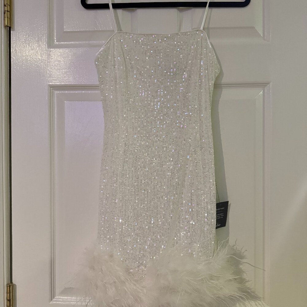 New White Sequin Feather Mini Dress – Size Medium